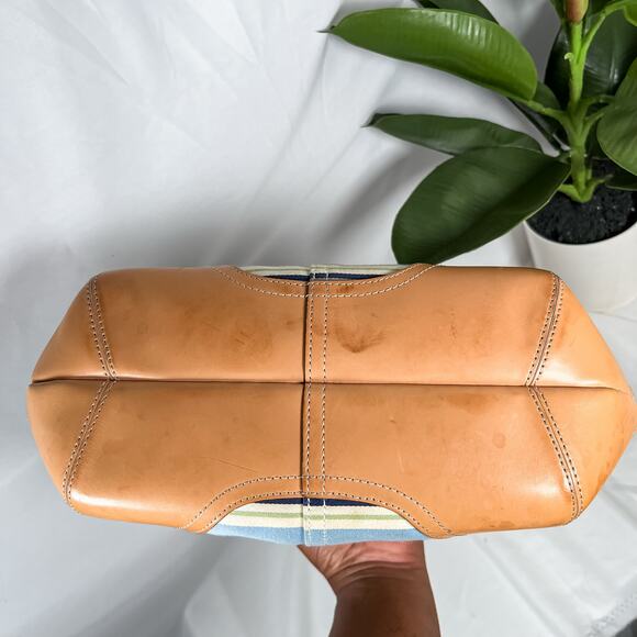 SOLD COACH Y2K 9516 Hampton Striped Canvas Mini Tote Bag Blue Green Tan Leather - Picture 4 of 11